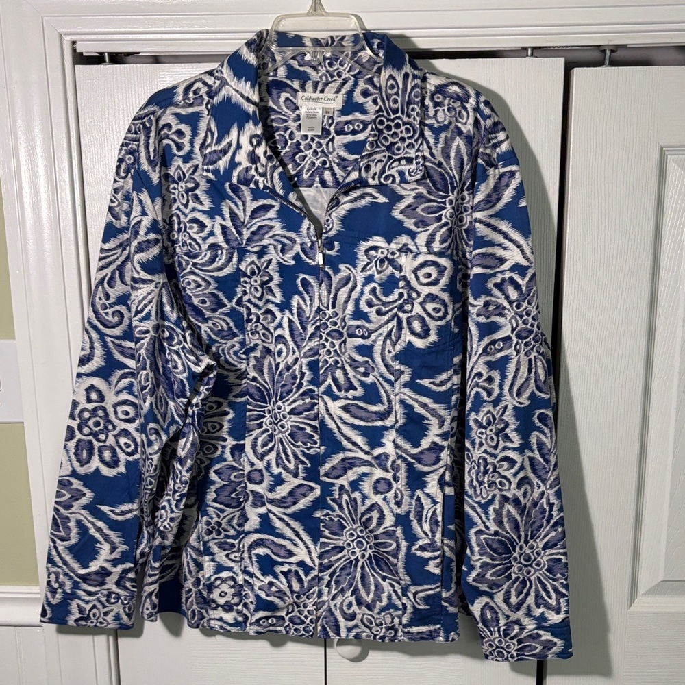 Coldwater Creek Moonlight Floral Blue White Full Zip Jacket 3X Preowned EUC